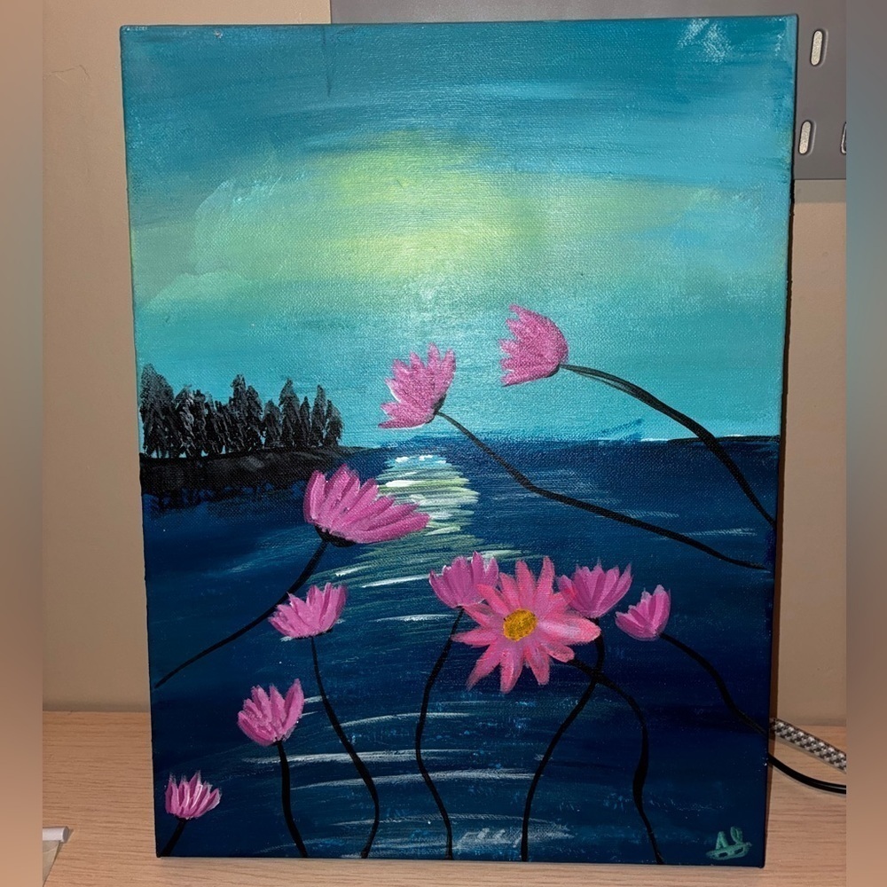 Lake Floral Wall Art 16 x 12 Hand Painted Canvas Home Decor landscape